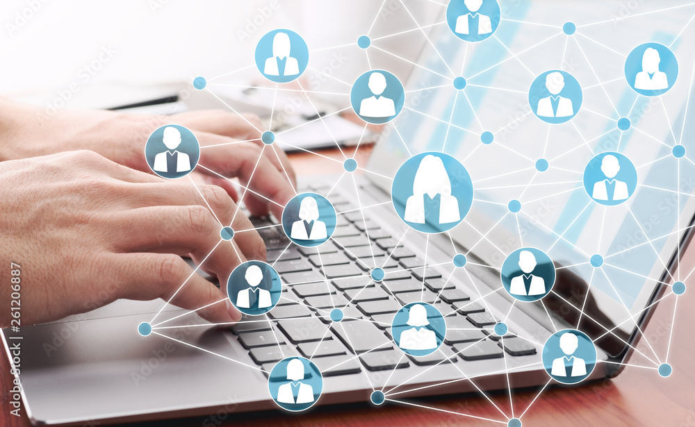 Poster people network structure. online communication and teamwork. businessman sending email by laptop.
