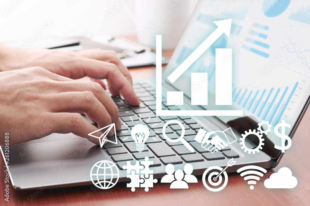 Poster business growth strategy concept. businessman preparing reports.man using laptop. many icons and gro