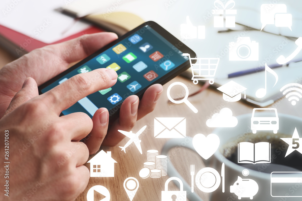 Poster closeup of male hands touching smartphone screen for using app at table. social media, online shoppi