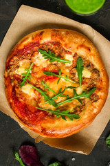 pizza, chicken, tomato sauce, cheese, (pizza ingredients). hot pizza. Top view. copy space