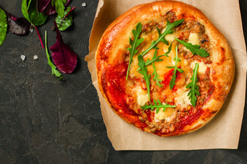 pizza, chicken, tomato sauce, cheese, (pizza ingredients). hot pizza. Top view. copy space