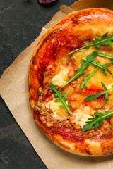 pizza, chicken, tomato sauce, cheese, (pizza ingredients). hot pizza. Top view. copy space