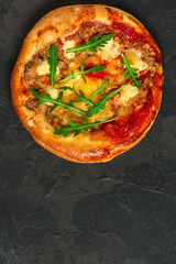 pizza, chicken, tomato sauce, cheese, (pizza ingredients). hot pizza. Top view. copy space