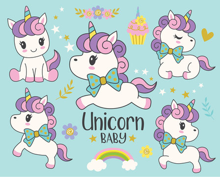 Cute little baby unicorn with rainbow and flowers vector illustration set.