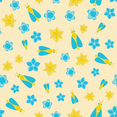 Vector seamless pattern with honey bee and flowers on beige background