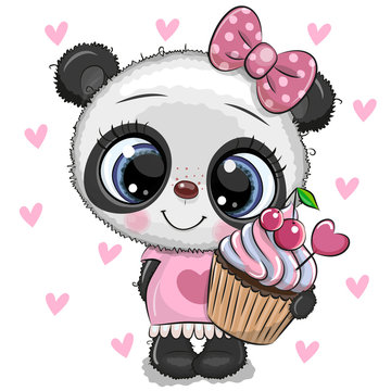 Cartoon Panda with Cupcake on a hearts background