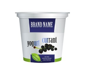 Packaging design yogurt with currant. Vector isolated on white background. Plastic container for cherry yogurt and dessert.