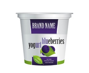 Packaging design yogurt with blueberries. Vector isolated on white background. Plastic container for blueberries yogurt and dessert.
