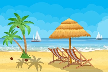 Paradise beach of the sea with yachts and palm trees. Tropical island resort. Vector illustration in flat style