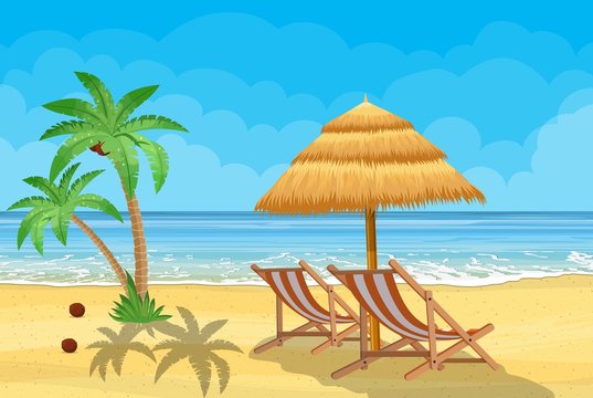 Landscape of wooden chaise lounge, palm tree on beach. Umbrella. Day in tropical place. Vector illustration in flat style