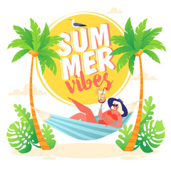 Trendy vector illustration on summer holiday, vacation theme. Нарpу woman character resting in a hammock with a cocktail in her hand, between two palm trees. Outdoor activity rest on the beach.