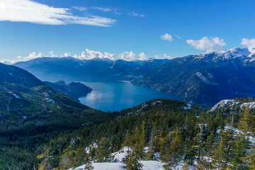 Howe Sound Panorama viewed from the summit terminal of the Sea to Sky Gondola, Squamish, BC, Canada