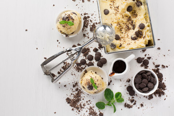 Fototapeta na wymiar Vanilla Ice Cream With Chocolate and Mint