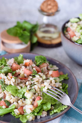 Taboule with pearl barley porridge with fresh vegetables and herbs on a gray concrete background close-up with a fork