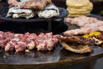 Cooking meat on the grill. Traditional Black Sea street food.