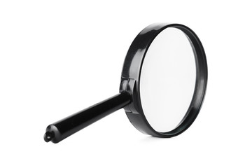 Close up of magnifying glass isolated on white background