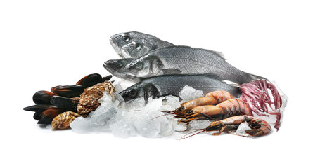Fresh seafood with ice on white background