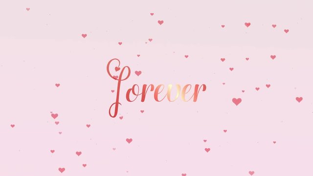 Valentine's Day lettering, isolated on white background, which is bedecked with little cute pink hearts. Forever together Share love. Zoom. Action. Animation. 4K.