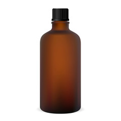 Brown Bottle. Glass Medicine Vial. 3d Isolated Oil Blank with Black Cap. Amber Container Mockup Realistic Design. Vintage Translucent Flacon for Chemical Poison, Aromatherapy. Matt Storage.
