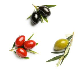 Assortment of tasty olives on white background