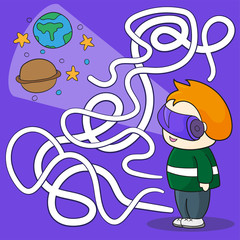 Boy with VR headset in space. Maze games find the path. Vector illustration. VR Space scenes.
