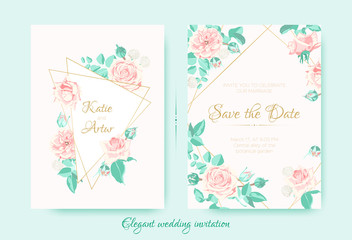 Fototapeta na wymiar Wedding Invite with Roses Composition and Border.