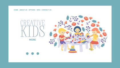 Creative kids banner vector illustration. Girls and boys drawing, painting, cutting paper, sketching. Education and enjoyment concept. Colorful pencils, watercolor. Playing with toys.