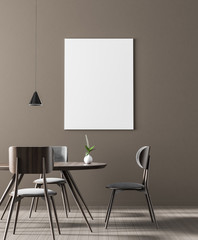 Mock up poster frame in Scandinavian style dining room. Minimalist dining room design. 3D...