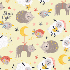 Seamless pattern for girls with sleeping animals