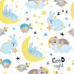 Seamless pattern for boys with sleeping animals