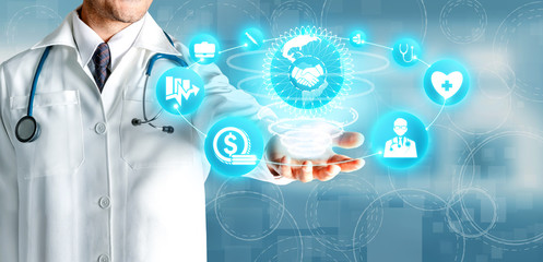 Health Insurance Concept - Doctor in hospital with health insurance related icon graphic interface showing healthcare people, money planning, risk management, medical treatment and coverage benefit.