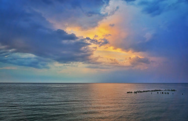 Colorful sunset on the Baltic Sea on the island of Usedom. Mecklenburg-Vorpommern, Germany