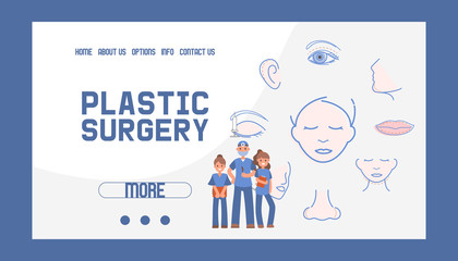 Plastic surgery banner web design vector illustration. Face and body correction. Doctor consultation. Breast augmentation, liposuction, face and body cosmetology. beauty health procedure.