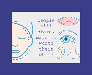 Fototapeta premium Plastic surgery banner vector illustration. Face and body correction. Doctor consultation. Breast augmentation, liposuction, face and body cosmetology. beauty health procedure.