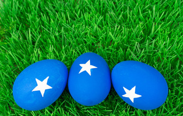 Blue easter eggs with white stars in the grass on the meadow