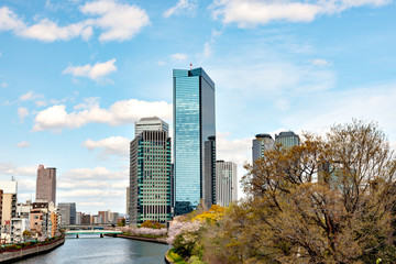 Obraz premium Office buildings along Okawa river in Osaka, Japan