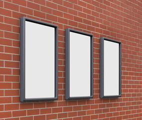 3D rendering of blank billboard (empty advertisement) on brick wall. Empty mockup template