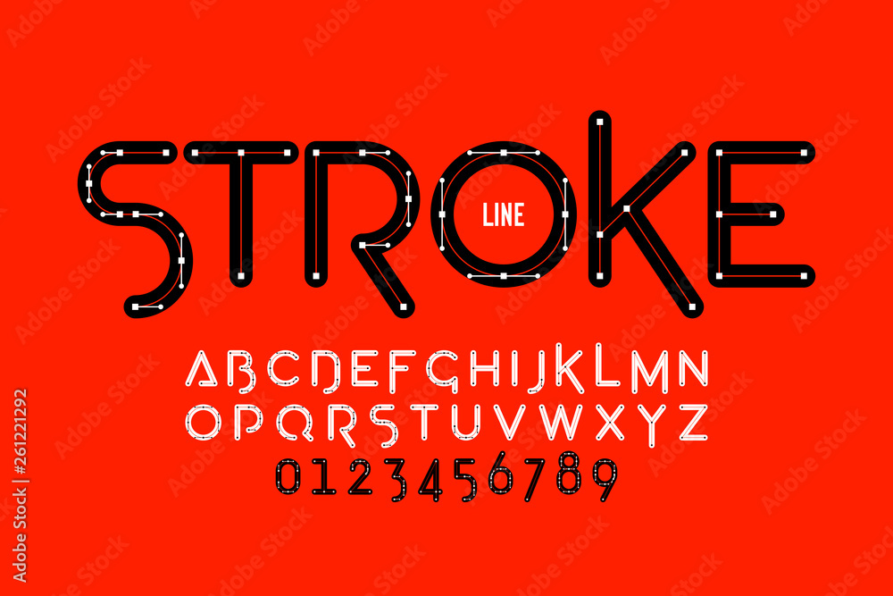 Poster stroke line font design, bezier curves style alphabet letters and numbers