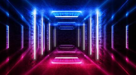 Abstract tunnel, corridor with rays of blue and pink light and neon highlights. Abstract blue and pink background, neon. Empty dark room with rays and lines. Brick walls, concrete floor. Night view. 3