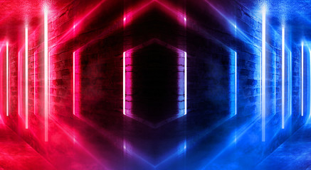 Abstract tunnel, corridor with rays of blue and pink light and neon highlights. Abstract blue and pink background, neon. Empty dark room with rays and lines. Brick walls, concrete floor. Night view. 3