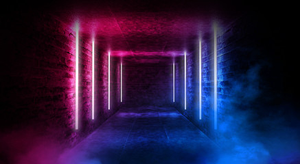 Abstract tunnel, corridor with rays of blue and pink light and neon highlights. Abstract blue and pink background, neon. Empty dark room with rays and lines. Brick walls, concrete floor. Night view. 3