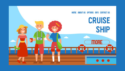 Cruise liner ship travel banner web design vector illustration. Family members standig on ship. Tourist on summer vacation. Rest, relax in sea. Man with drink and camera, woman with bag.