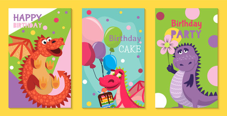 Obraz na płótnie Canvas Baby dragons set of birthday or invitation cards or posters vector illustration. Cartoon funny little dragons with wings. Fairy dinosaurs with cake, baloons, flower. Party.