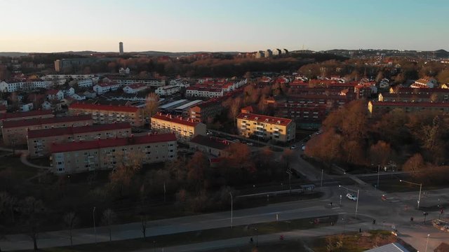Aerial footage of suburb Orgryte torp in Gothenburg, Sweden at sunset