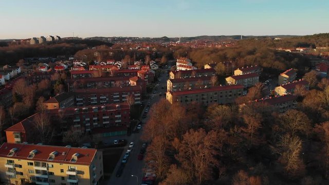 Aerial footage of suburb Orgryte torp in Gothenburg, Sweden at sunset