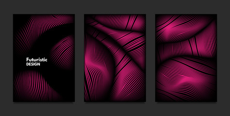 Wave. Abstract Geometry. Cover Design Templates Set with 3d Effect. Vibrant Gradient with Wavy Lines. Trendy Pink Modern Illustration with Distortion. Vector Wave for Brochure, Business, Poster, Book.