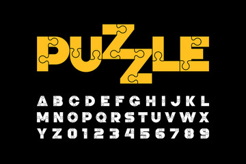 Puzzle font design, jigsaw puzzle alphabet and numbers - obrazy, fototapety, plakaty
