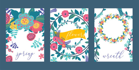 Fototapeta na wymiar Wreaths leaves and flowers set of cards, banners, posters vector ilustration. Bloom of plant, spring design. Branches with blossom for wedding floral invitation. Botanical elements.