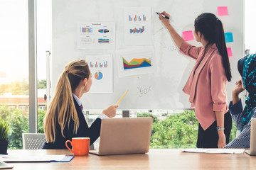 Multicultural working group. Team of businesswomen of different ethnicity, Caucasian, Asian and Arabic working together in team meeting with laptop computer at office. Multiethnic teamwork concept.