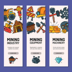 Mining industry set of banners vector illustration. Profession and occupation. Coal mining equipment, miner tools. Special machinery. Equipment for mining underground operations.